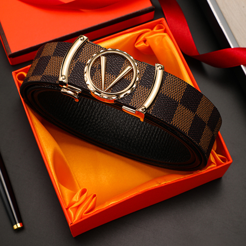 Pánský opasek z hovězí kůže s módním a minimalistickým designem, obchodní písmena z legované kůže, univerzální knoflíky, kostkovaný vzor_voghion.com