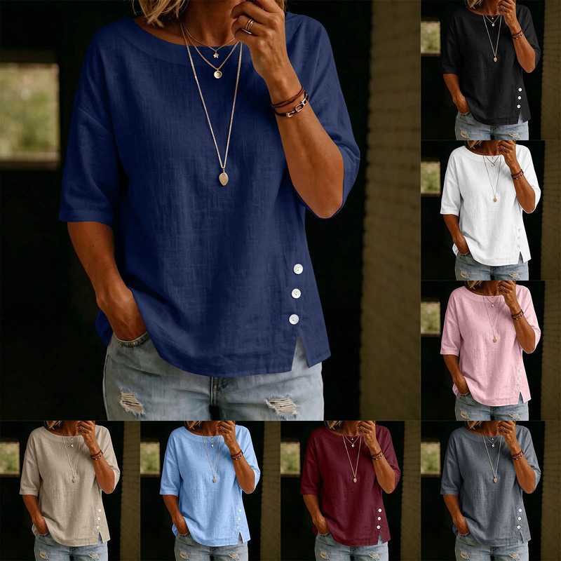 Cross-Border European and American Amazon Women's Round Neck 3/4 Sleeve Fashion Casual Shirt Loose Decorative Side Button Top Foreign Trade