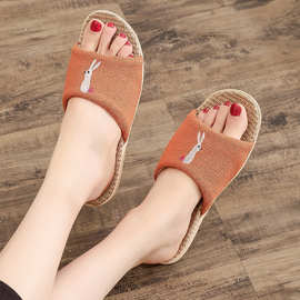 ✅一家三口居家亲子棉麻厚底拖鞋室内地板轻便静音卡通可爱亚麻家