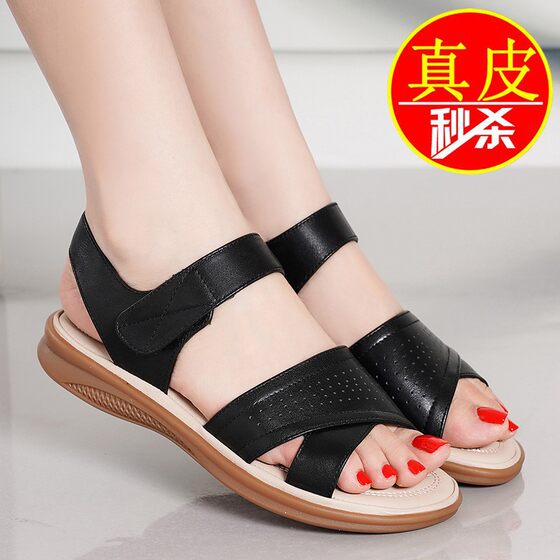 Cross-border Genuine Leather Flat Sandals Women's 2025 Summer New Non-slip Comfortable All-match Soft-soled Mother Shoes