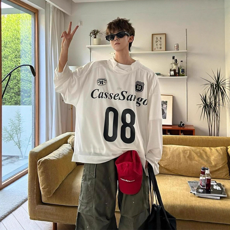 American Retro Jersey Style Long-Sleeved T-Shirt Men's Spring and Autum High-End Vintage Outdoor Sports Football Training Clothes