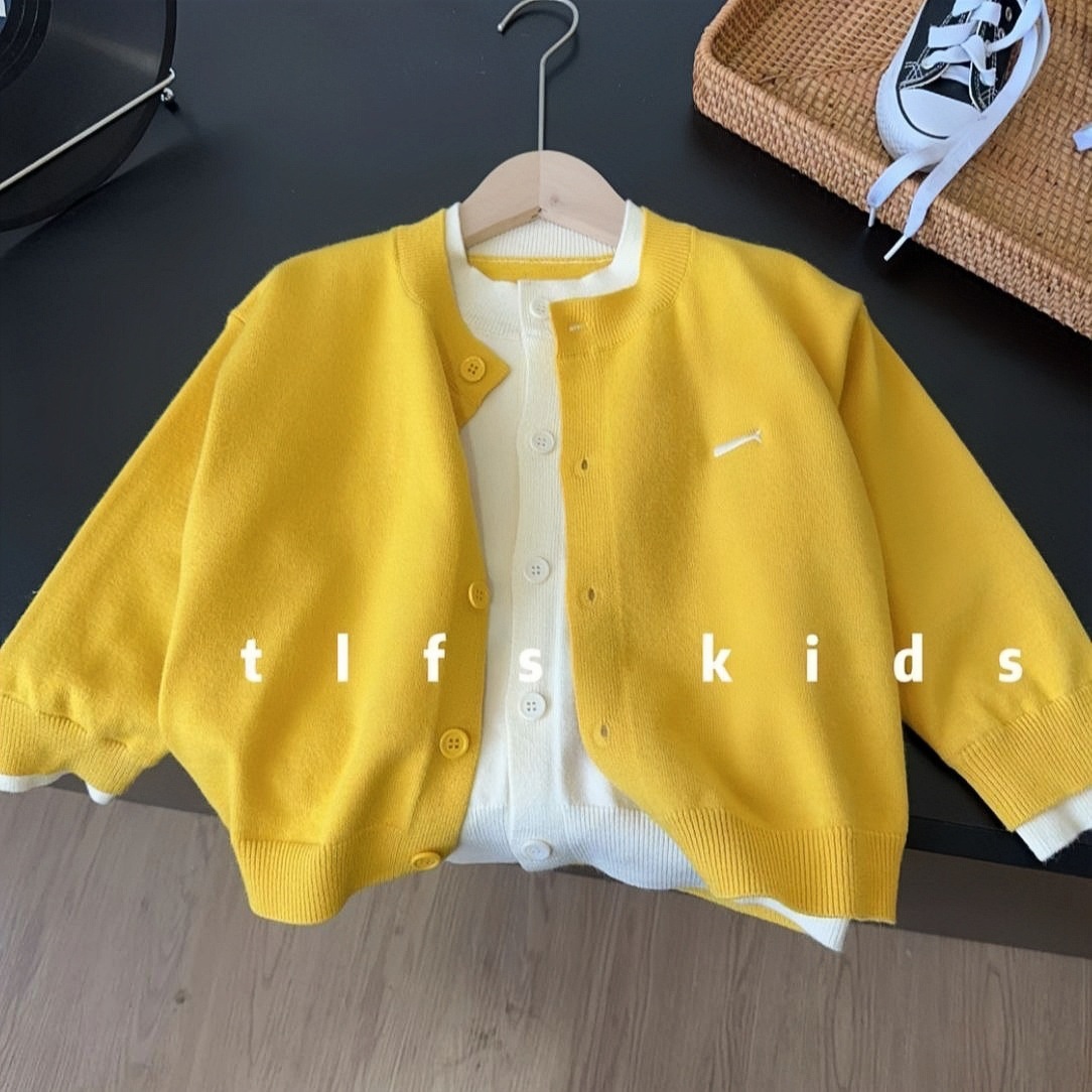 Children's Spring and Autumn New Style Faux Two-Piece Button Knit Cardigan for Boys and Girls, Solid Color Casual Versatile Knit Cardigan for Autumn