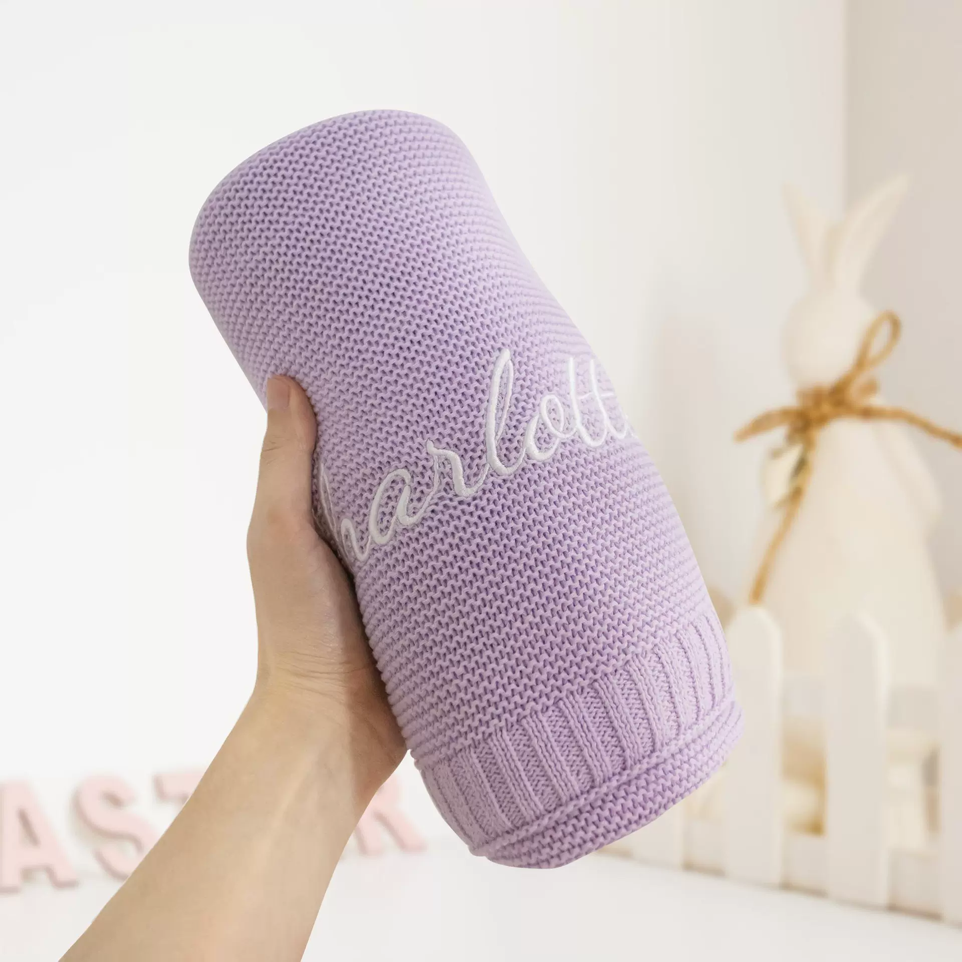 Etsy跨境专供纯棉婴儿针织盖毯 纯色刺绣抱被 宝宝手绣午睡毯定制