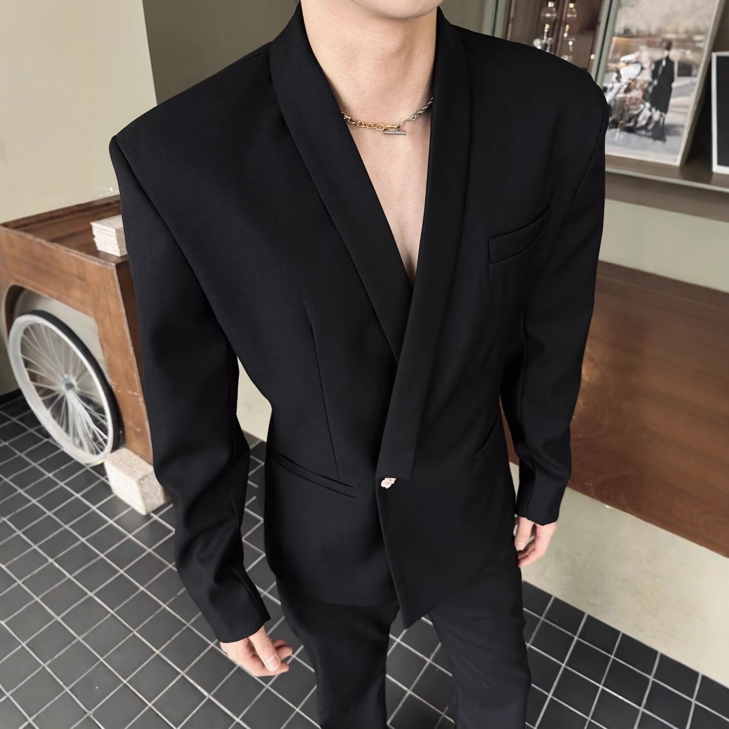 英伦雅痞男装高端黑色正肩西装外套男收腰上衣高级感痞帅V领西服