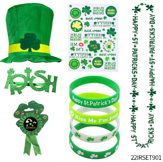 Decoraciones del Día de San Patricio trébol sombrero irlandés Festival gafas etiqueta insignia pulsera cadena traje