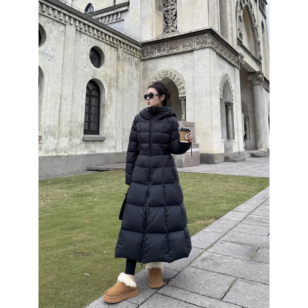 Mengjia Thickened Waist-Cinching down Jacket for Women, Extra-Long Style, Knee-Length to Ankle-Length, Slim Fit, Elegant Lady Style, 2025 New Coat