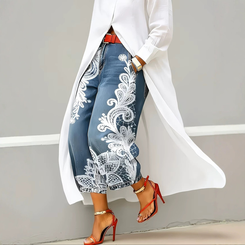 Foreign Trade Long Lace-Patterned Cropped Denim Carrot Pants Casual Vacation Jeans Women's Wholesale Dropshipping Foreign Trade Long Lace-Patterned Cropped Denim Carrot Pants Casual Vacation Jeans Women's Wholesale Dropshipping