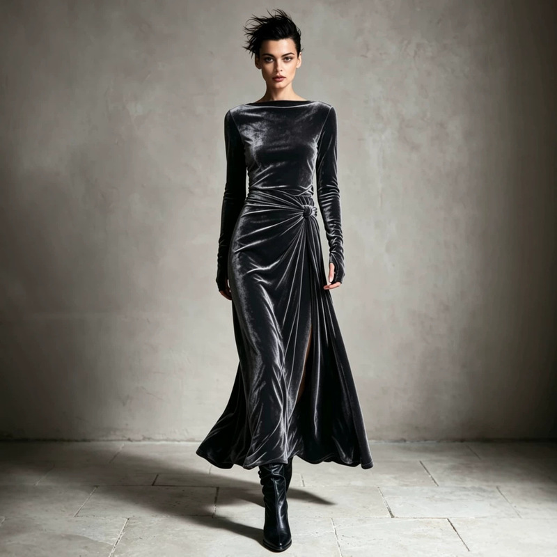 2026 European and American cross-border autumn/winter new collection: women's velvet dress, featuring a boat neckline, long sleeves, a twisted design, a slit, and a long, elegant silhouette suitable for evening wear 2026 European and American cross-border autumn/winter new collection: women's velvet dress, featuring a boat neckline, long sleeves, a twisted design, a slit, and a long, elegant silhouette suitable for evening wear