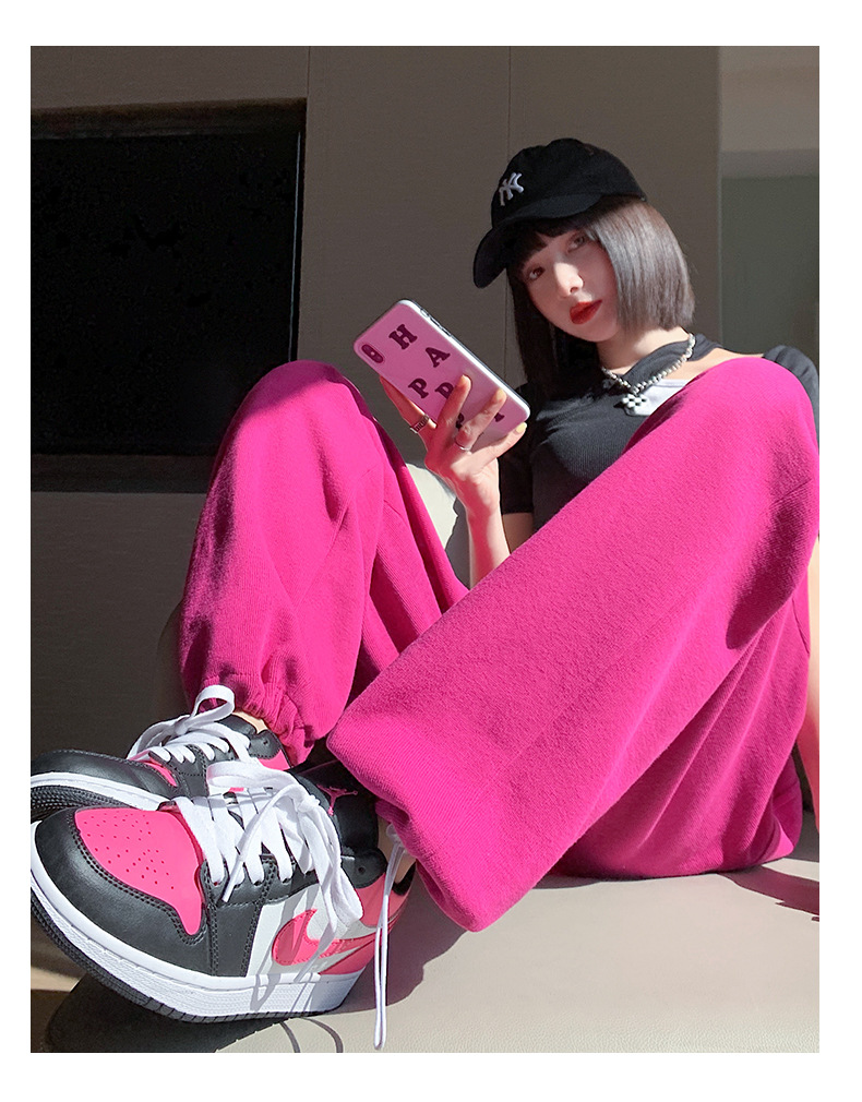 American grey sportswear pants for women in autumn and winter, fleece loose straight-leg casual sweatpants, petite wide-leg pants, trendy ins pic 23