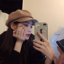 韩版复古文艺黑色毛呢八角帽子女春秋英伦百搭报童帽纯色画家帽潮