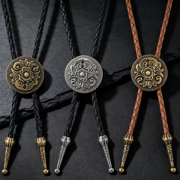 Tang Grass Pattern Punk Bolo Tie Necklace Retro Western Cowboy Alloy Pendant Long Chain Foreign Trade Wholesale