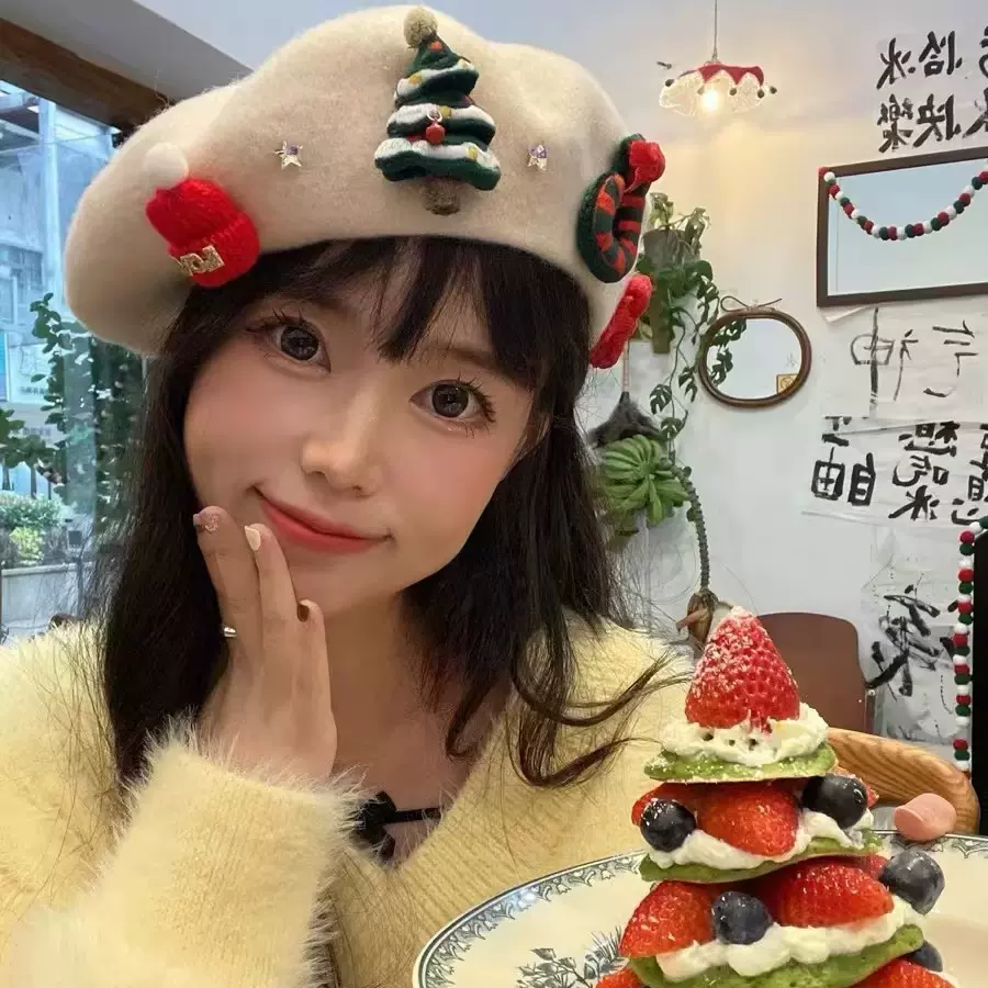 圣诞蝴蝶结贝雷帽女新款时尚韩版羊毛画家帽甜美节日红色圣诞帽潮