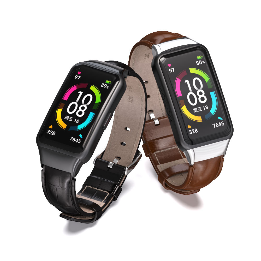 米布斯適用華爲手環6榮耀6手環腕帶頭層牛皮表帶透氣不鏽鋼連接器