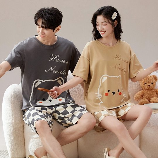 Couple Pajamas Women's Summer Cotton Short Sleeve Shorts Thin Korean Style Cartoon Men's Home Clothes Set Cross-Border Wholesale