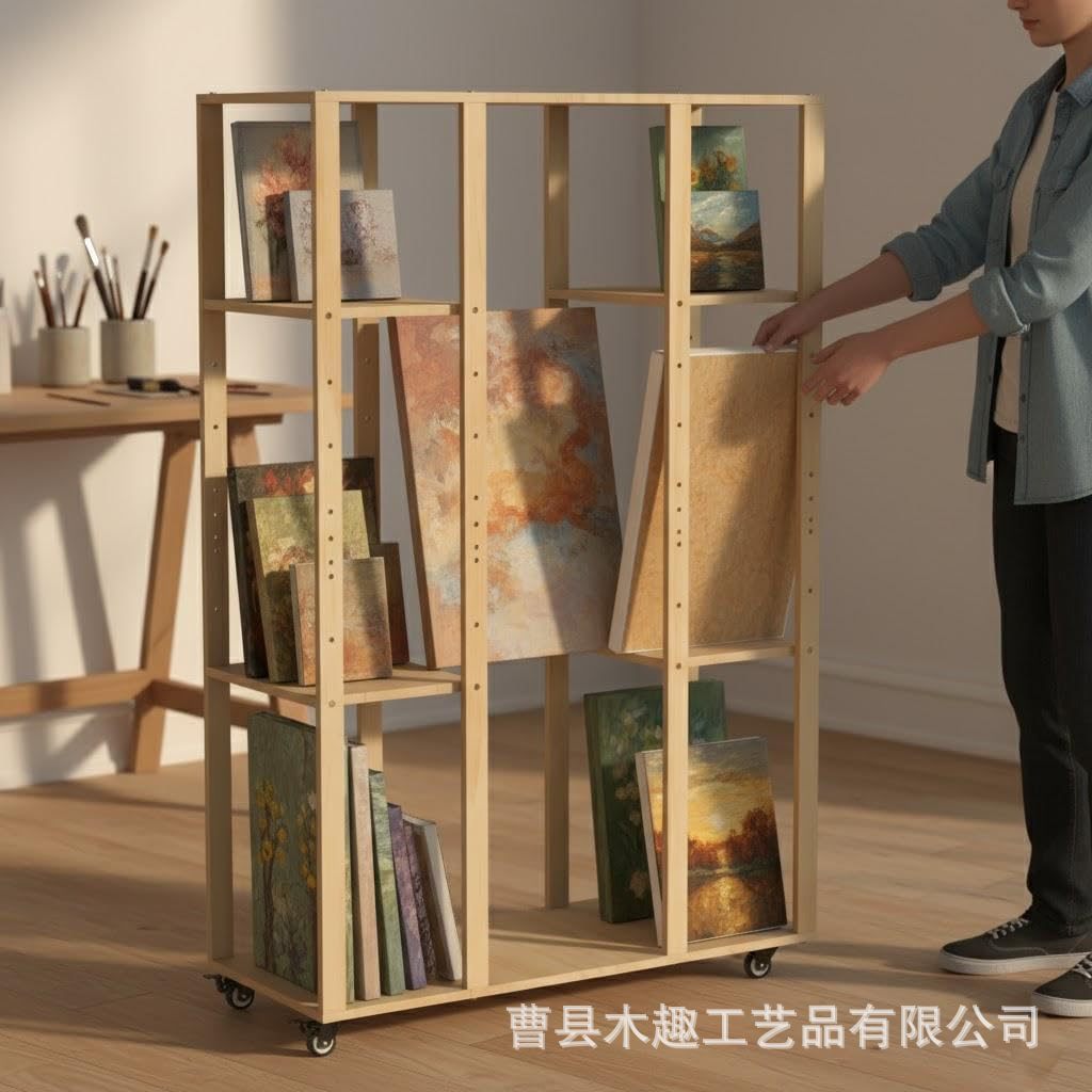 木制油画收纳架木质印刷架带滑轮艺术展示架可调节高度展示画布架