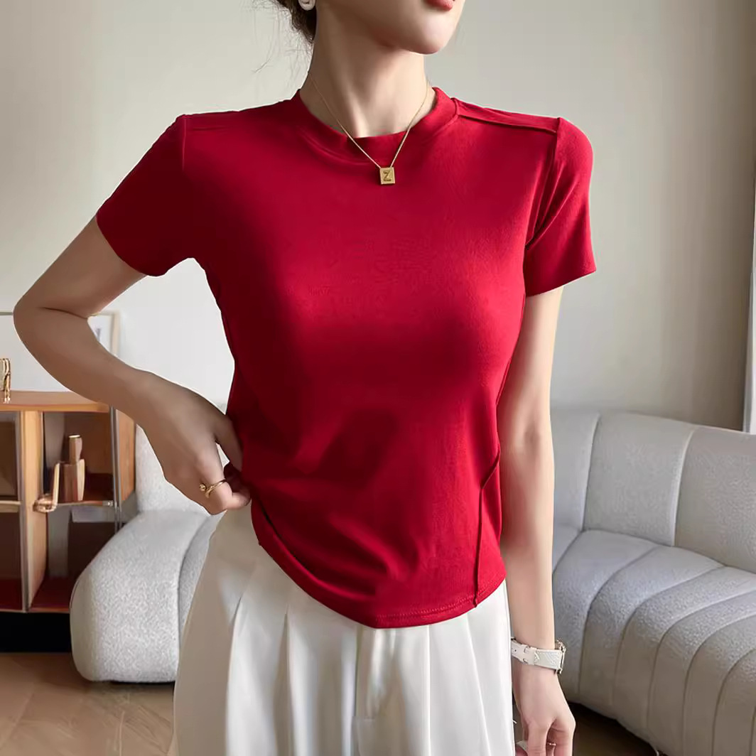 Q popular 280G modal hombro derecho espina de pescado cuello redondo Camiseta ajustada de manga corta para mujer verano 2024 top suelto