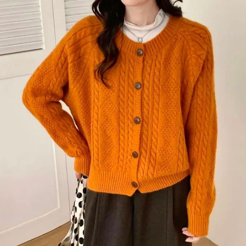 Lazy style soft and thick knitted cardigan top, autumn and winter Korean retro cable knit solid color round neck sweater coat for women Lazy style soft and thick knitted cardigan top, autumn and winter Korean retro cable knit solid color round neck sweater coat for women