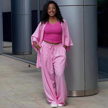 非洲大码新款休闲开衫纯色衬衣女欧美宽松洋气松紧腰长裤女装套装