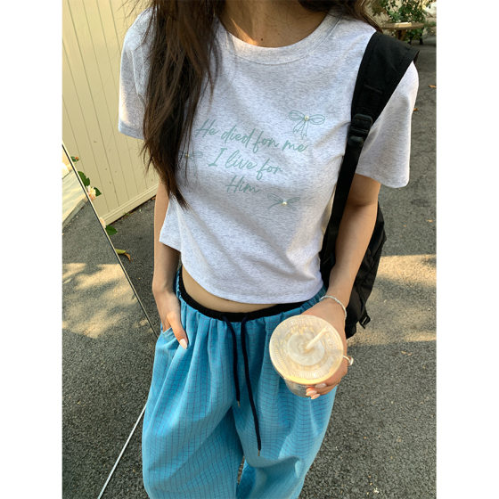 Huang Zheng Round Neck Bow Pearl Decorative Letter Print Slim-fit T-shirt Women's 2025 Summer Elegant Sweet 520383
