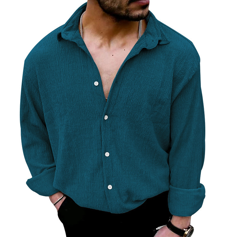 Men's Wrinkle Fabric Cardigan Solid Colour Casual Overcoat Style_voghion.com