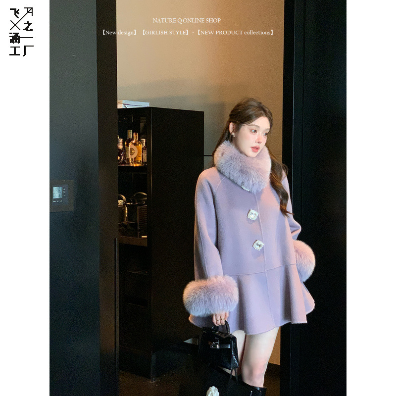 Autumn and Winter New Style Fox Fur Double-Sided Cashmere Outwear for Wealthy Women Woolen Leather Outwear Mid-Length