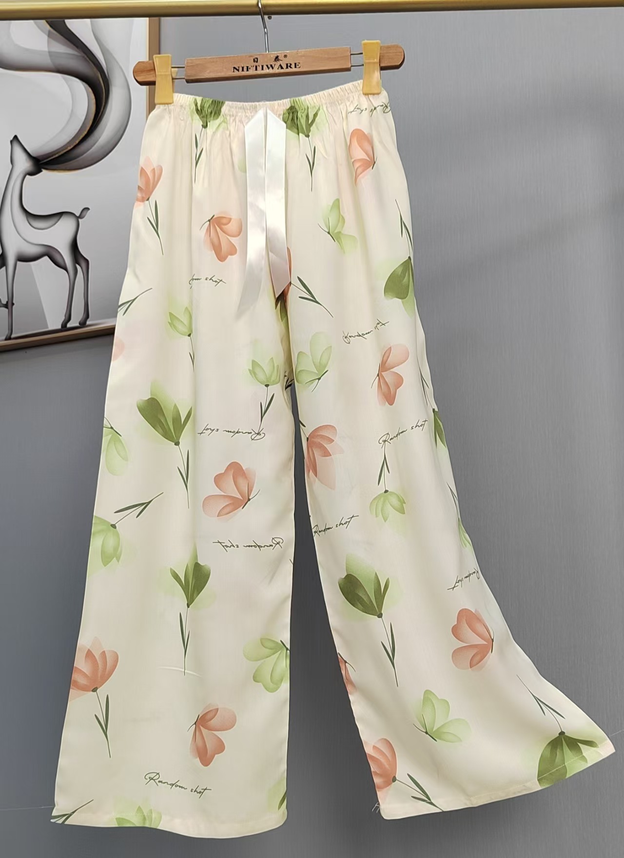 Pijama de seda de algodón para mujer, pantalones anchos de mujer embarazada de seda de algodón con estampado fino de verano