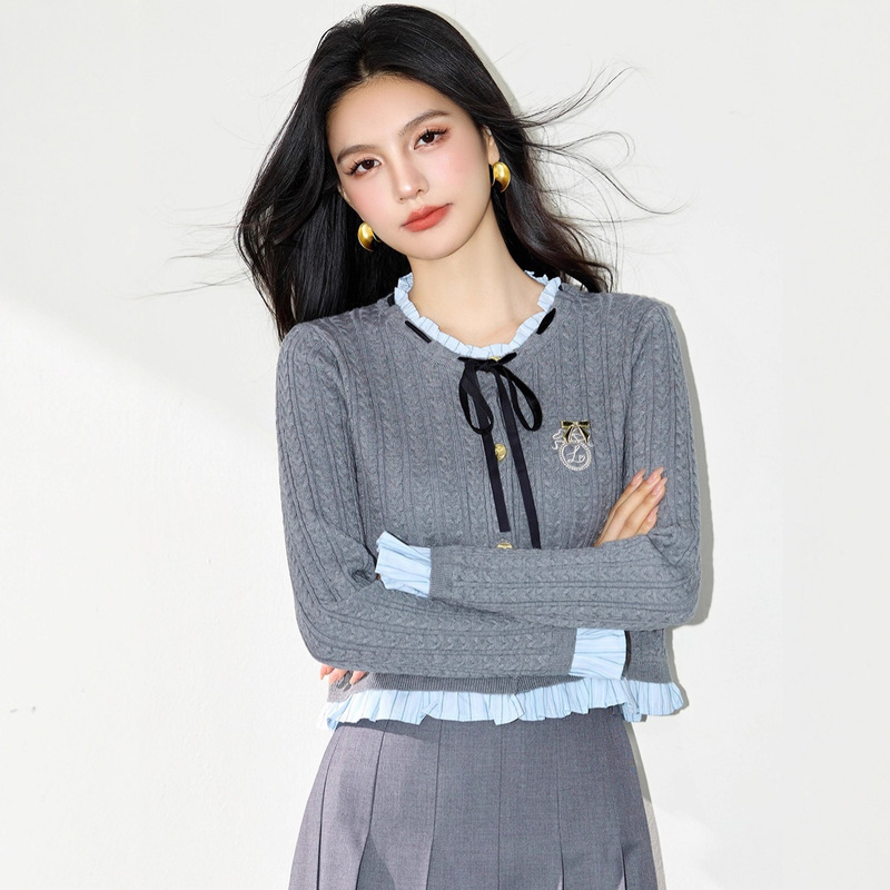 R5331灰色假两件针织开衫女秋季新款学院风边拼接显瘦上衣ins|undefined