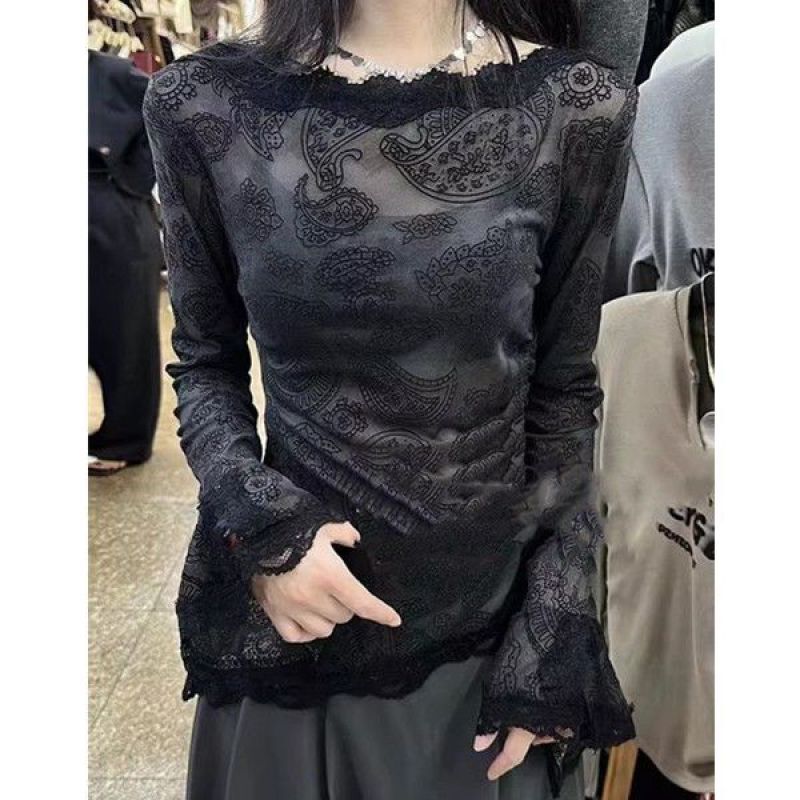 Special Offer Women's Clothing Tail Goods Cut Label Elegant 2025 Versatile Splicing Lace Slim Fit Slightly See-Through Bell Sleeve Inner Top