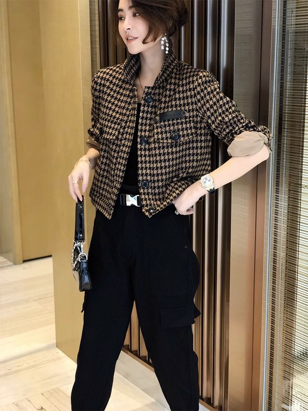 千鸟格短款外套女2025年秋装新款时尚小个子长袖夹克洋气休闲上衣|undefined