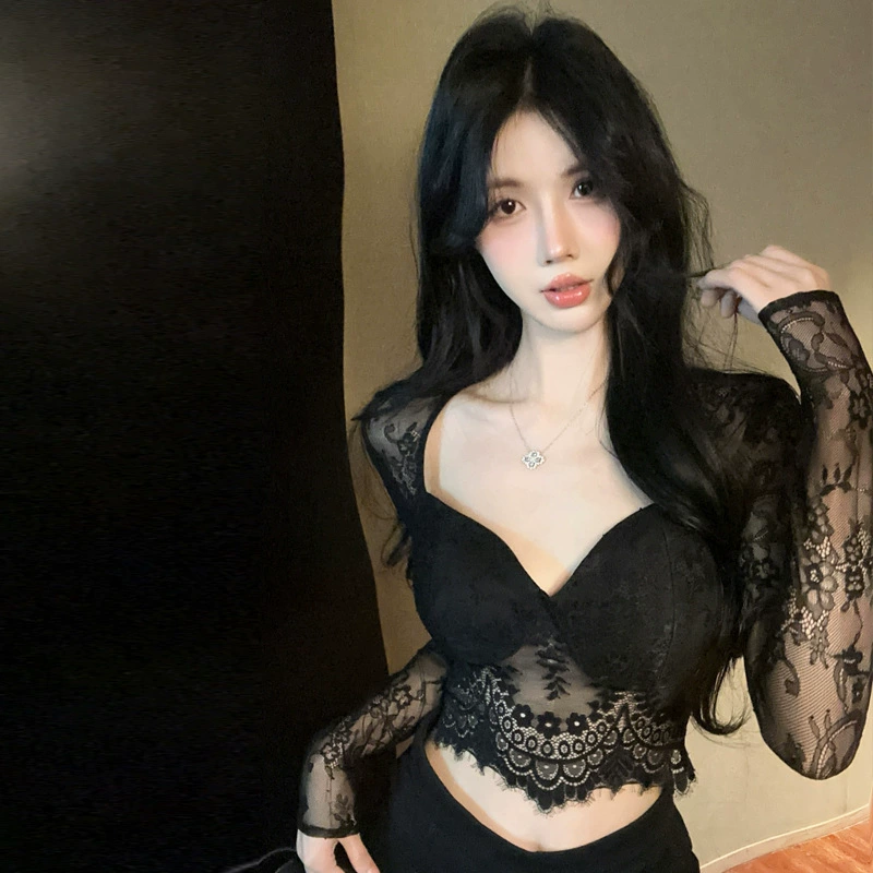 Сексуальная черная кружевная блузка с чашками, с длинным рукавом, европейский стиль, с рукавом