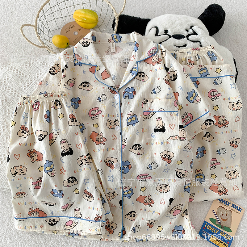 Pajamas de tres piezas de torta de oso para mujeres de verano, pantalones de manga corta, nubes de algodón adorable, viento en 2025 nueva ropa para el hogar
