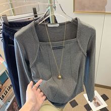 纯欲正肩方领上衣长袖打底衫女秋冬短款T恤短袖修身内搭大码微胖