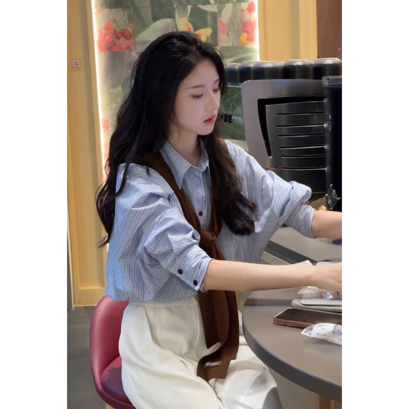 韩系轻熟通勤风时尚套装女装2025早秋新款感条纹衬衣百搭上衣百搭|undefined