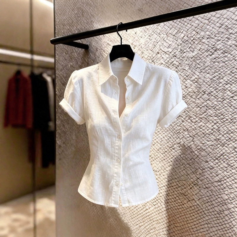 White slim-fit buttoned short-sleeve collared shirt for women, 2026 summer high-end light luxury gentle style top White slim-fit buttoned short-sleeve collared shirt for women, 2026 summer high-end light luxury gentle style top