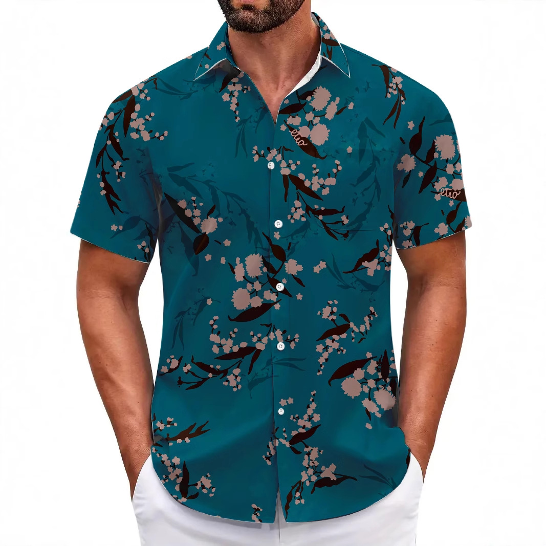 2025 summer new floral shirt men's beach retro casual loose digital printed short-sleeved men's large-size shirt