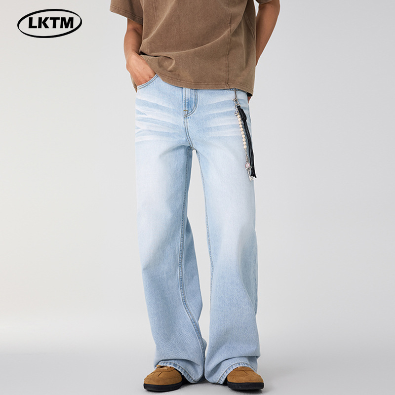 Lktm Men's Summer American Glacier Blue Straight Jeans for Men and Women Cleanfit Simple Couple Long Pants