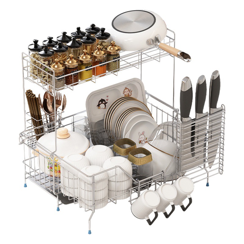 日本式の二重の水切り棚は簡単に水を濾過します。食器棚は伸縮可能な水槽の収納棚です。