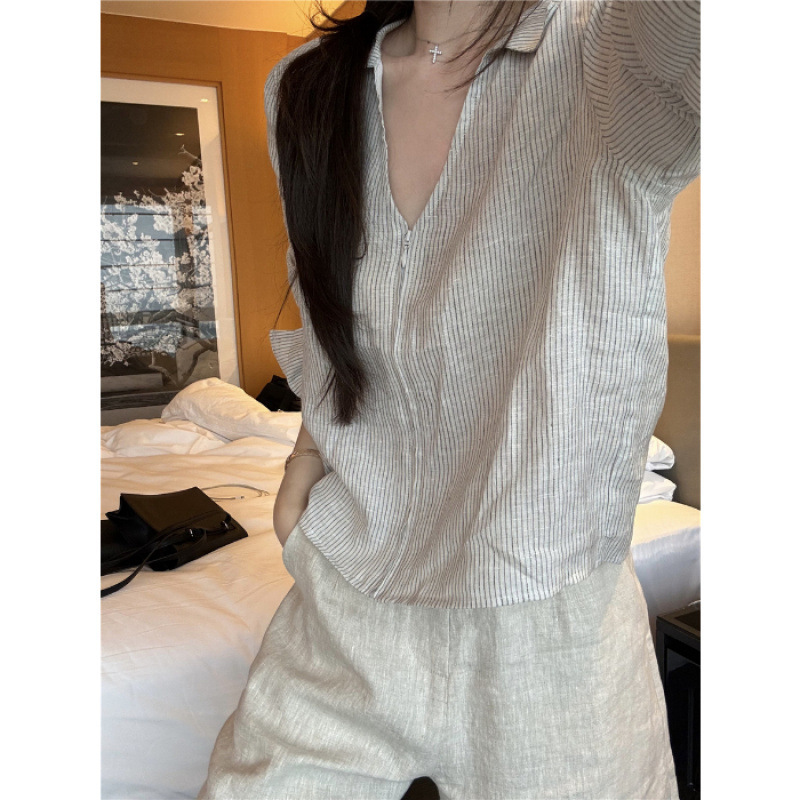 工厂批发【原版面料100棉】棉麻宽松v领条纹衬衫女夏季衬衣设计感|undefined