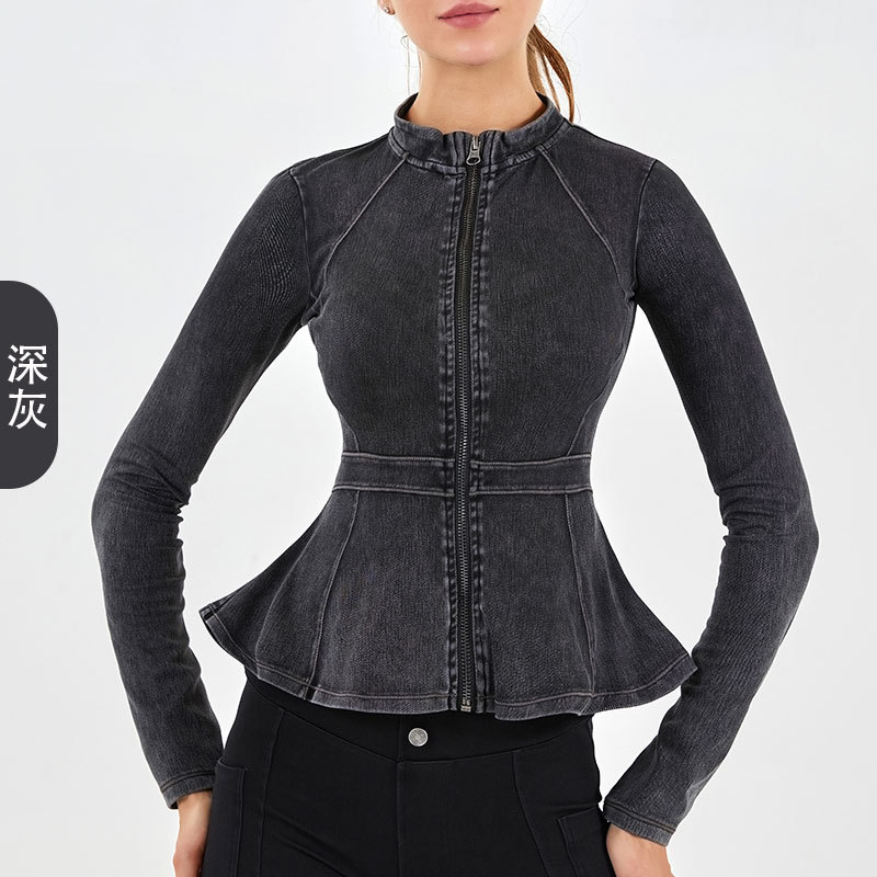 Primavera y verano nuevo Denim yoga cremallera motocicleta cuello alto adelgazamiento francés cintura deportes ropa de entrenamiento