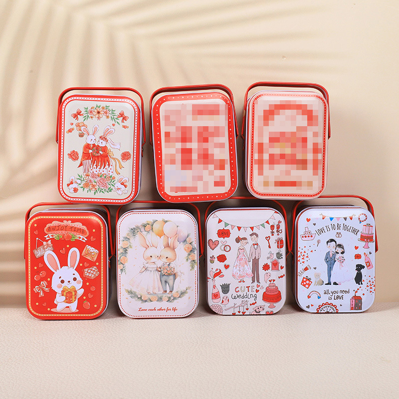 结婚喜糖盒长方形马口铁盒密封铁罐糖果盒安徽马口铁手拎喜糖盒