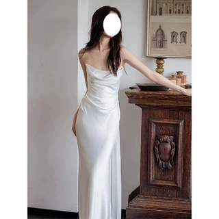 法式气质新娘白色领证订婚礼服裙荡领吊带连衣裙设计感宴会晚礼服