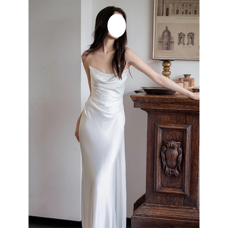 French Style Elegant Bride White License Engagement Dress Skirt Sling Collar Sling dress Design Banquet Evening Dress