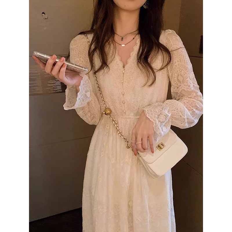 French Long Skirt with Overcoat White Fairy Temperament Inner Base Lace Temperament dress Women Autumn and Winter