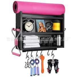 木制壁挂式瑜伽垫收纳架墙壁收纳架带挂钩悬挂瑜伽带钥匙置物架