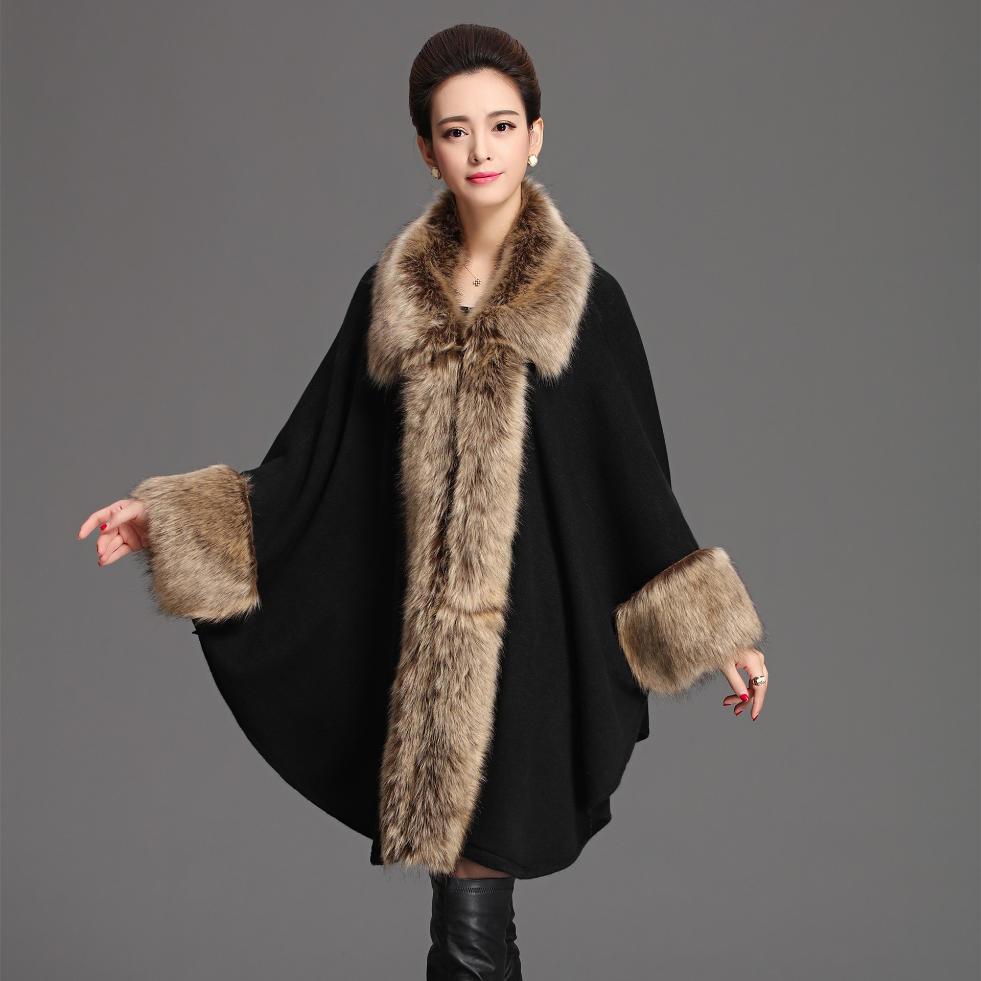 Fur collar cape Cape large lapel fur cape for women_voghion.com