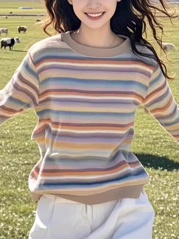 筱香饰彩虹条纹正肩长袖T恤女2025秋季小个子设计感小众宽松上衣|undefined