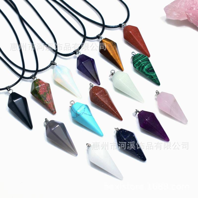 天然水晶石六角柱吊坠项链双尖锥形灵摆切面子弹头粉晶饰品挂件