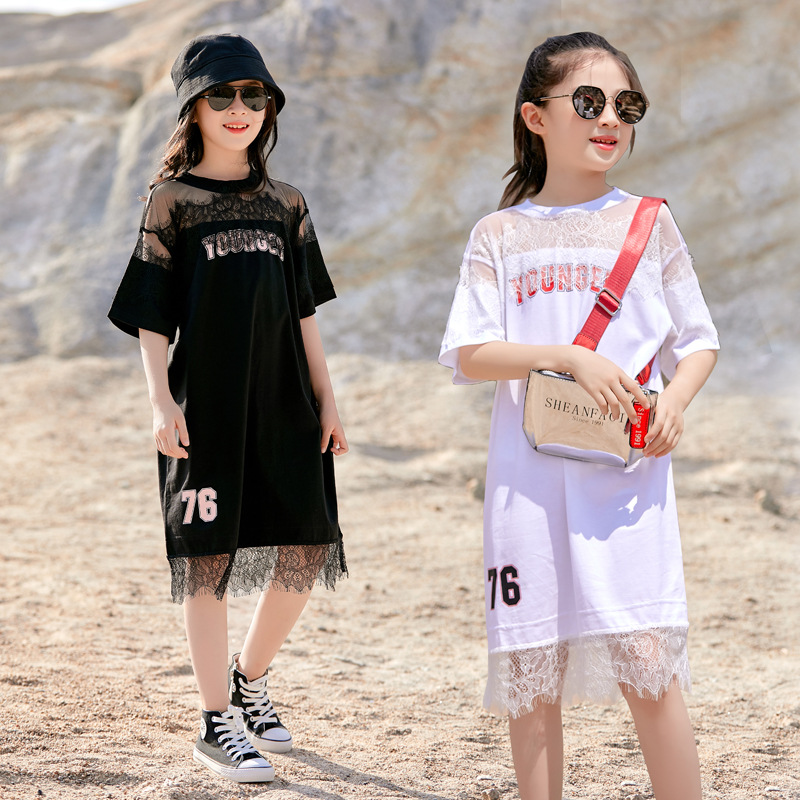Vestido de las niñas encaje verano nuevo estilo coreano vestido de camiseta para niños medianos y grandes Vestido de manga corta de estilo occidental para niños medianos y grandes verano