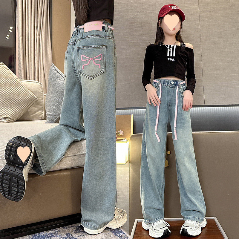 Girls' Jeans 2025 Summer Thin Wide-Leg Pants for Older Children, Casual Loose Straight Pants for Summer