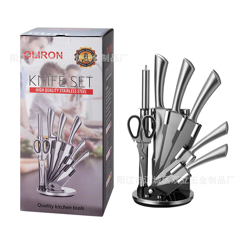 Punto de fábrica Acero inoxidable Cuchillo de mango hueco Cuchillo de herradura Juego de 8 piezas Asiento giratorio de acrílico Juego de 8 piezas Cuchillo
